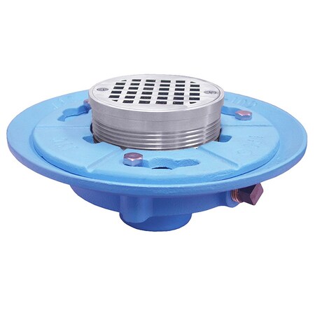 Jones Stephens 2in IPS Code Blue Floor Drain, 9in Pan, 6in Chrome Plated Round Strainer, Height 3-5/8in - 5-5/8in D66625